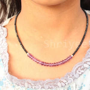 Black Spinel With Amethyst Beaded Necklace - Natural Gemstone Layering Necklace -Sterling Silver Jewelry - Peridot,Citrine,Garnet,MultiStone