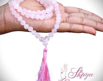 Rose Quartz Mala Necklace, 108 Bead Japa Mala, Heart Chakra Healing Crystal Jewelry | Handcrafted Meditation Yoga Gift for Her