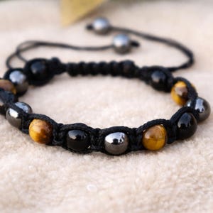 Tiger Eye Hematite Black Onyx Bracelet | Adjustable Macrame Bracelet | Protection Bracelet for Men | Grounding Crystal Bracelet | Gift