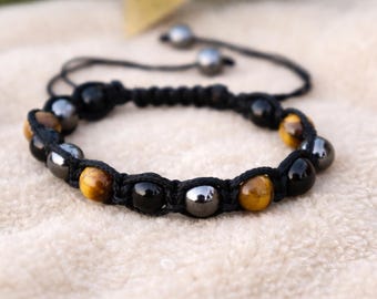 Pulseira de Olho de Tigre, Hematita e Ônix Preto | Pulseira de Macramê Ajustável | Pulseira de Proteção Masculina | Pulseira de Cristal de Aterramento | Presente