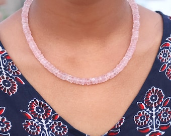 Rose Quartz Heishi Bead Necklace: 6mm Pink Crystal Sterling Silver Jewelry