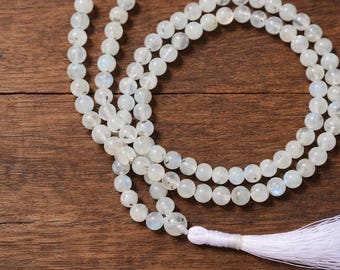 White Moonstone Mala Necklace for Women | Healing Crystal Mala Beads | Long Spiritual Meditation Necklace | Zen Yoga Jewelry Gift