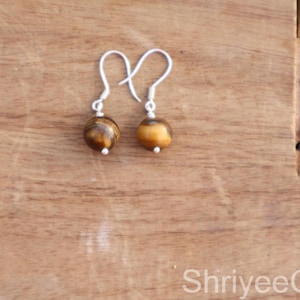 Tiger&#39;s eye Earrings 925 Sterling Silver Earrings , Yellow Tiger&#39;s Eye Dangle Earrings  10mm 8mm 6mm 4mm Gift For Her, valentine day&#39;s gift