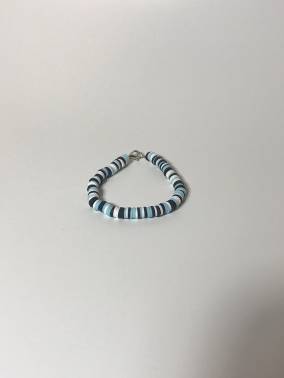 Clay Bead Bracelet - Black, Blue, White & Silver HAND MADE Bracelet 