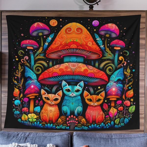 Psychedelic Tapestry, Cute Kitty, Mushroom Aesthetic, Trippy Cat Tapestry, Trippy Room Decor, Cats Aesthetic, Hanging Wall Tapestry, Kitties