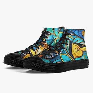 Classic Chuck Taylor High-Top Canvas Shoes Abstract Artwork Print Design Black Trim White Trim All Original All Star Sneaker