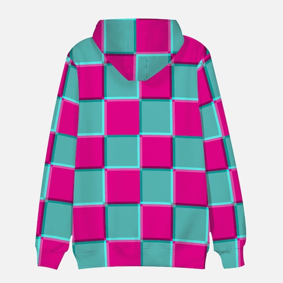 シャツ HUECLOSET FRIENDLY CHECKERED HOODIE (2 colors) BTR185 Turquoise and Pink 3D Checkered All Over Print Bright Art