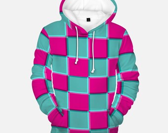 Turquoise and Pink 3D Checkered All Over Print Bright Art Hoodie