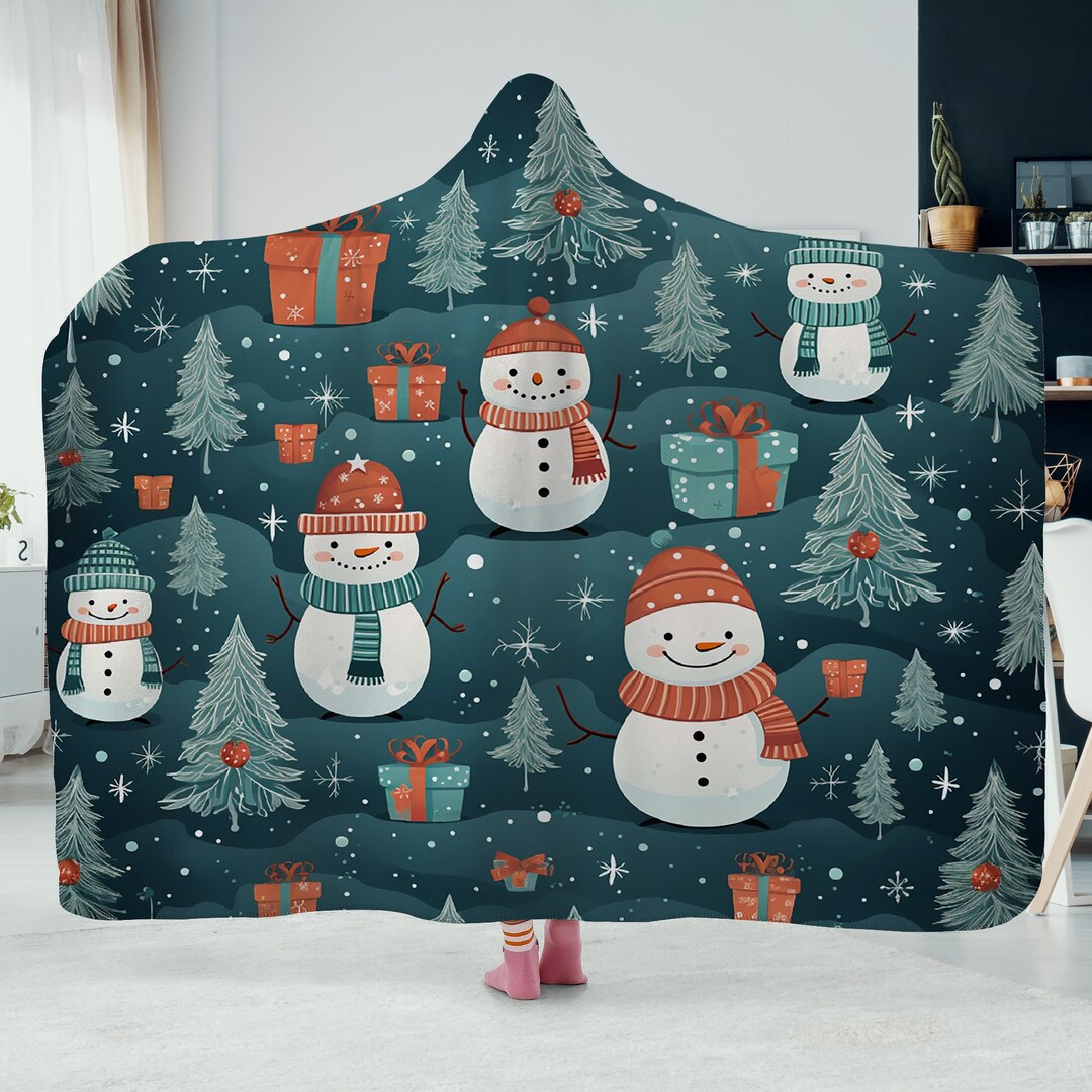 Snowman Snowflake Pattern Print Hooded Blanket main image 1