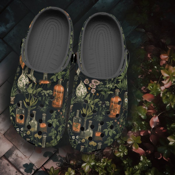 Dark Academia Cottagecore Gardener Shoes Moody Goblincore Black Botanical Clogs Shoes Vintage Apothecary Herbs & Plants Eclectic Maximalist