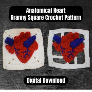 May include: Two crochet granny squares featuring an anatomical heart design. The hearts are red with blue accents, set against a white background. The text "Anatomical Heart Granny Square Crochet Pattern" and "Digital Download" are displayed.