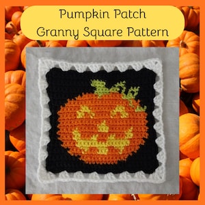 May include: A square crochet piece featuring a black background with a central orange pumpkin graphic that has a yellow jack-o'-lantern face and a green stem. The square is bordered by a white crocheted edge. Text reads: Pumpkin Patch Granny Square Pattern.