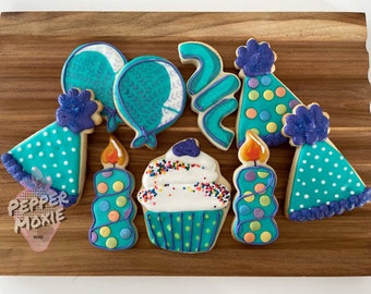 Birthday iced Cookies, party hat sugar cookie, iced balloon cookie, cupcake cookie