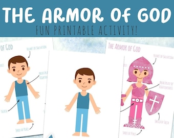May include: A printable activity for kids to learn about the armor of God. The image shows a cartoon character wearing the armor of God, with each piece labeled. There are also separate pieces of armor that can be cut out and glued onto the character.