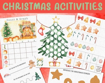 以下が含まれることがあります： 子供向けの印刷可能なクリスマスアクティビティシートのセット。シートには、数えとグラフの活動、クリスマスツリーの点つなぎ、クリスマスクッキーのデコレーション活動、カットアンドペーストのマッチング活動のセットが含まれています。