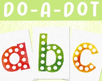 May include: Do-a-dot printable alphabet activity for kids.  The letters a, b, and c are shown in red, green, and orange with white polka dots.  Includes all lowercase letters a-z.