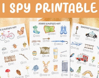 May include: Watercolor printable I Spy game sheets with various themes, including a scavenger hunt, indoor scavenger hunt, and road trip scavenger hunt. Each sheet features illustrated items to find and check off.