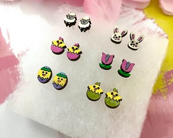 Easter Stud Pack/Flower Studs/Bunny Studs/Sheep Studs/Rabbit Studs/Eggs Studs/ Chicken Studs/Chicky Studs