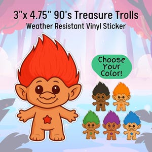 90s Treasure Troll Vinyl Sticker – Y2K Nostalgia Troll Doll, Weather Resistant, Choose Hair Color, Cute Retro Sticker for Laptop or Journal