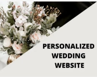 May include: A bride holds a bouquet of white and pink flowers with greenery and sprigs of dried flowers. The text "Personalized Wedding Website" is displayed on a white background.