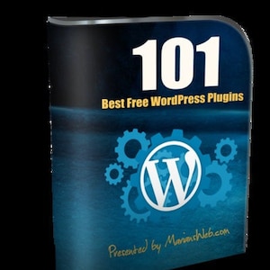 May include: A blue and white graphic with the text "101 Best Free WordPress Plugins" and a WordPress logo with gears around it. The text "Presented by MariooshWeb.com" is at the bottom.
