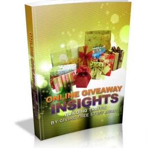 Könnte beinhalten: Ein Buchcover mit gelbem und grünem Hintergrund, auf dem ein Stapel verpackter Geschenke zu sehen ist. Der Titel des Buches lautet "Online Giveaway Insights: Building Traffic By Giving Free Stuff Away".