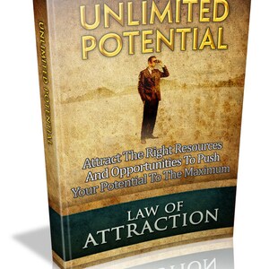 May include: A book cover with a vintage design featuring a man in a suit looking out over a desert landscape. The title is "Unlimited Potential" and the subtitle is "Attract The Right Resources And Opportunities To Push Your Potential To The Maximum". The book also features the text "Law of Attraction".