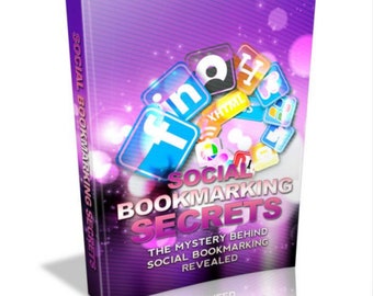May include: A purple book cover with the title "Social Bookmarking Secrets: The Mystery Behind Social Bookmarking Revealed". The cover features a circle of colorful social media icons, including Facebook, Twitter, and YouTube.