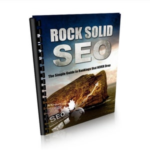 Puede incluir: Una portada de libro con un fondo azul y blanco que presenta una isla rocosa con una flecha ascendente. El título del libro es "Rock Solid SEO: The Simple Guide to Rankings that NEVER Drop".