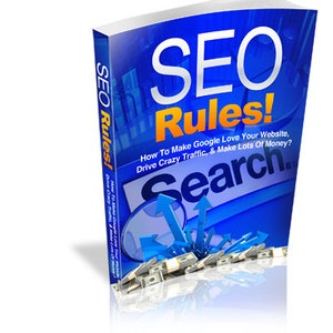 Könnte beinhalten: Ein blaues und oranges Buchcover mit dem Titel "SEO Rules!" und dem Untertitel "How To Make Google Love Your Website, Drive Crazy Traffic & Make Lots Of Money?" Das Cover zeigt auch eine Lupe mit Pfeilen, die auf einen Geldhaufen zeigen.