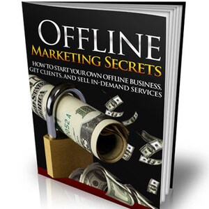 Puede incluir: Un libro titulado "OFFLINE MARKETING SECRETS" con una portada negra y texto blanco. Un rollo de billetes de dólar estadounidense está asegurado con un candado. El subtítulo del libro dice: "HOW TO START YOUR OWN OFFLINE BUSINESS, GET CLIENTS, AND SELL IN-DEMAND SERVICES."
