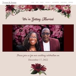 May include: A wedding announcement with the names "Tywan & Amara" at the top. The announcement includes the text "We're Getting Married" and "Please join us for our wedding celebration on December 17, 2022." The image features a couple and floral decorations.