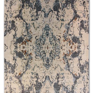 Handgeweven wollen vloerkleed 8 x 10: zand, leisteen en oker abstract ontwerp