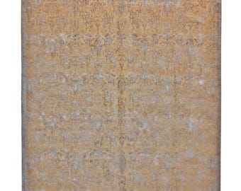 Alfombra de lana y seda tejida a mano de 10 x 14 pulgadas: diseño floral en color arena, tejido tibetano