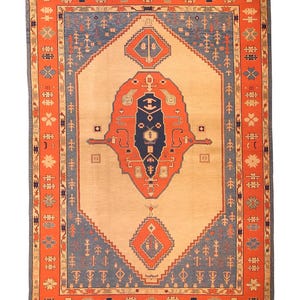 10x14 Handwoven Tribal Medallion Rug – Beige Field with Navy & Terracotta,Geometric Figures  Slate Blue Accents, Heritage-Inspired Area Rug