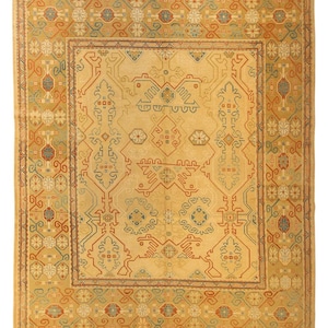 10x14 Hand-Knotted Tribal Rug – Sand Field with Blue, Rust & Olive Accents, Geometric Anatolian Design, Vintage-Style Wool Area Carpet