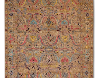 Handmade Wool Bidjar Rug 10x14: Botanical Motifs, Beige Blue & Red