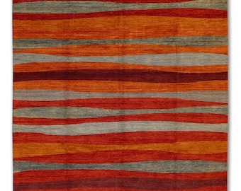 Alfombra de lana Gabbeh tejida a mano de 10 x 14 pulgadas: diseño de rayas horizontales coloridas