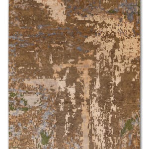 Modern abstract wollen zijden vloerkleed: aardetinten, blauw en ivoor - 10 x 14