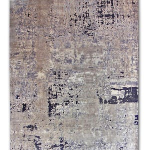 Handgeknoopt wollen vloerkleed 9 x 12: abstract grijs indigoontwerp