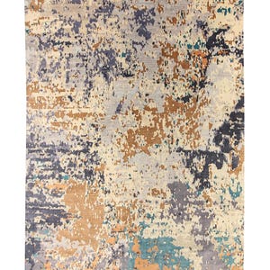 Alfombra abstracta de lana y seda tejida a mano: marfil, azul pizarra, verde azulado - 23x30 cm