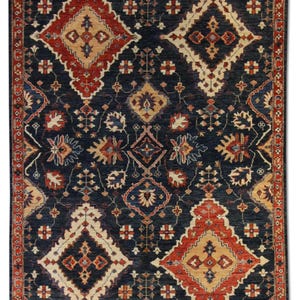 Handmade Wool Tribal Rug 5x7: Navy, Red Medallions, Floral Motifs