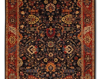 Handmade Wool Bidjar Rug 10x14: Dark Blue, Red & Orange Floral Persian Style