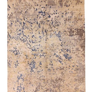 Handgeweven wollen vloerkleed 10 x 14: abstract beige en staalblauw modern tapijt