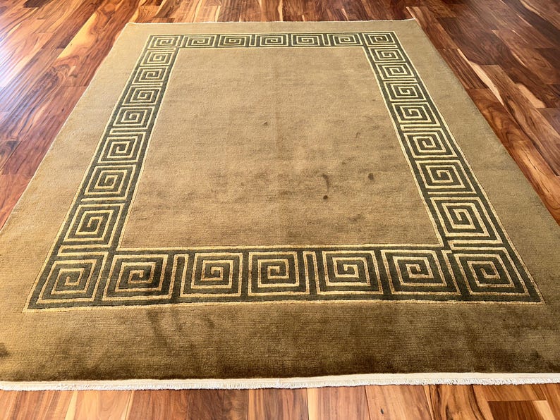 Greek Key Gold Rug 8x10 Handwoven Wool Rug, Greek Key Border in Charcoal and Gold, Classic ...