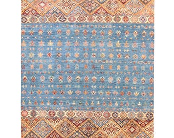 Handmade Wool Tribal Rug 5x7: Sky Blue Diamond Floral Motifs