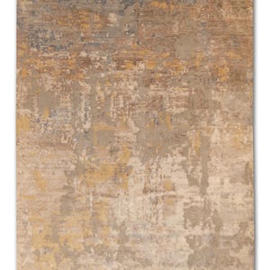 Modern Abstract Wool Silk Rug: Beige Gray Gold Accent, 10x14