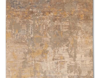 Alfombra abstracta moderna de lana y seda: beige, gris y dorado, 10 x 14
