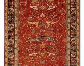 Handmade Wool Bidjar Rug 10x14: Red, Blue & Gold Medallion, Floral Borders