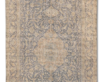 Vintage Persian Wool Rug 10x14: Beige, Navy & Blue Floral Design